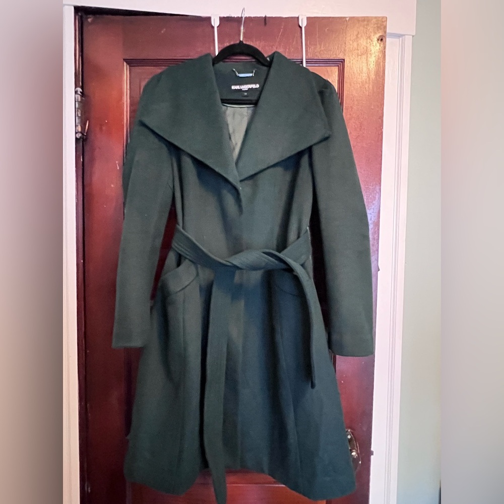 Karl Lagerfeld Forest Green Belted Wool-Blend Coat